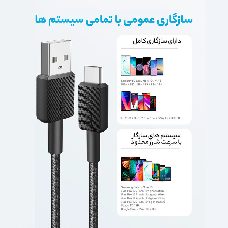 کابل تبدیل USB به USB-C انکر مدل 322/A81H5 طول 0.9 متر