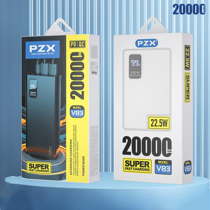 پاوربانک پی زد ایکس مدل V83 Fast Charge 22.5W ظرفیت 20000 میلی آمپر ساعت