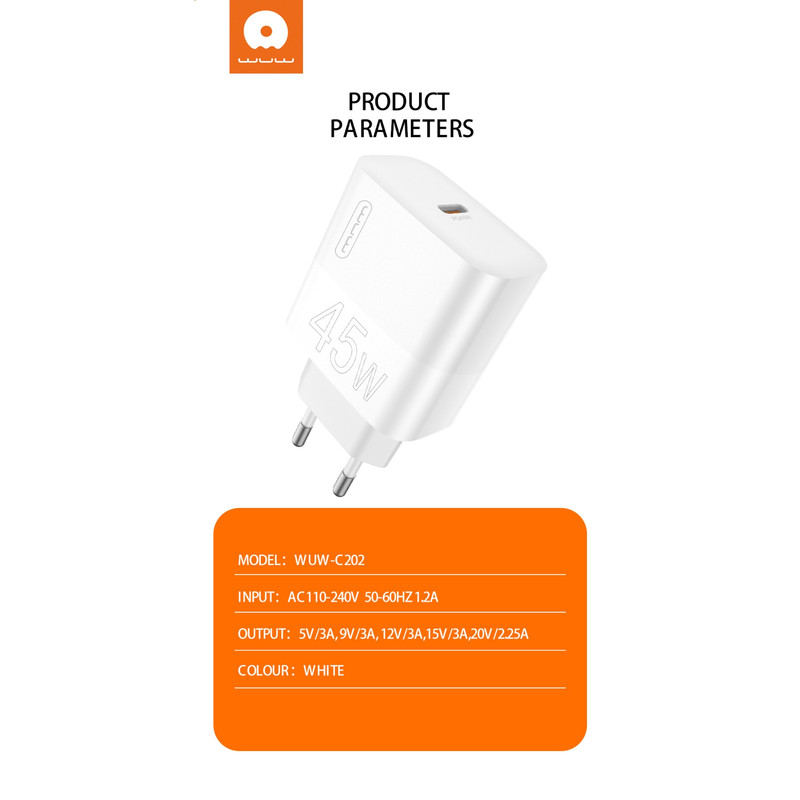شارژر دیواری 45 وات دبلیو یو دبلیو مدل C202 به همراه کابل تبدیل USB-C