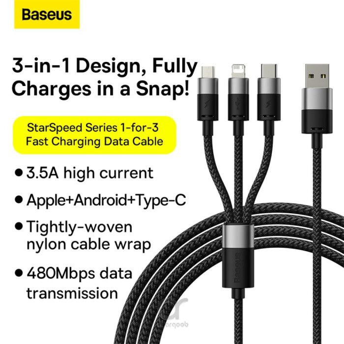 کابل تبدیل USB به لایتنینگ/USB-C/microUSB بیسوس مدل HIGH CURRENT طول 0.6 متر