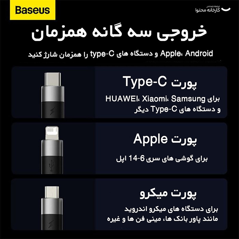 کابل تبدیل USB به لایتنینگ/USB-C/microUSB بیسوس مدل HIGH CURRENT طول 0.6 متر